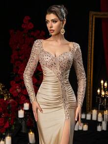 Glamrae 优雅奢华串珠亮片拼接弹力针织泳衣，透明长袖，性感开衩鱼尾裙，适合婚礼、派对、度假、庆典、晚礼服（大量装饰） - 香檳色 - 查看 6