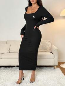 SHEIN PETITE 春夏纯色方领紧身黑色长袖连衣裙，女士优雅长袖方领修身黑色常规袖纯色紧身长裙，夏秋季休闲日常穿着，刺绣茶会连衣裙 - 黑色 - 查看 8