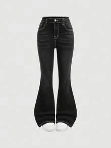 SHEIN Girlism 这款Y2K风格少女休闲水洗灰色高腰喇叭牛仔裤，饰有闪亮水钻公主口袋，适合万圣节、秋季、圣诞节等场合，也是秋冬季返校季的理想之选。它兼具街头复古风，舒适百搭，适合8-12岁女孩穿着，无论是上学、居家还是旅行，都能轻松驾驭。侧边口袋设计，宽松舒适，休闲百搭，是新年休闲优雅的理想之选。 - 黑色 - 查看 2