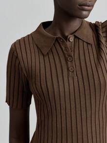 Ontre Women's Solid Color Polo Neck Knit Top And Drawstring Pants Sweater Set,Shades Of Brown,Autumn,Effortless Chic,Everyday,Urban Commute Business Outfit - Brown - View 7