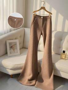 Franclia Women's Elegant Khaki Thick Autumn And Winter Regular Waist Zipper With Pockets Flared Trousers, Commuter Suit Flared Trousers, Winter Cozy Fall Christmas New Year Thanksgiving Party - Khaki - View 1