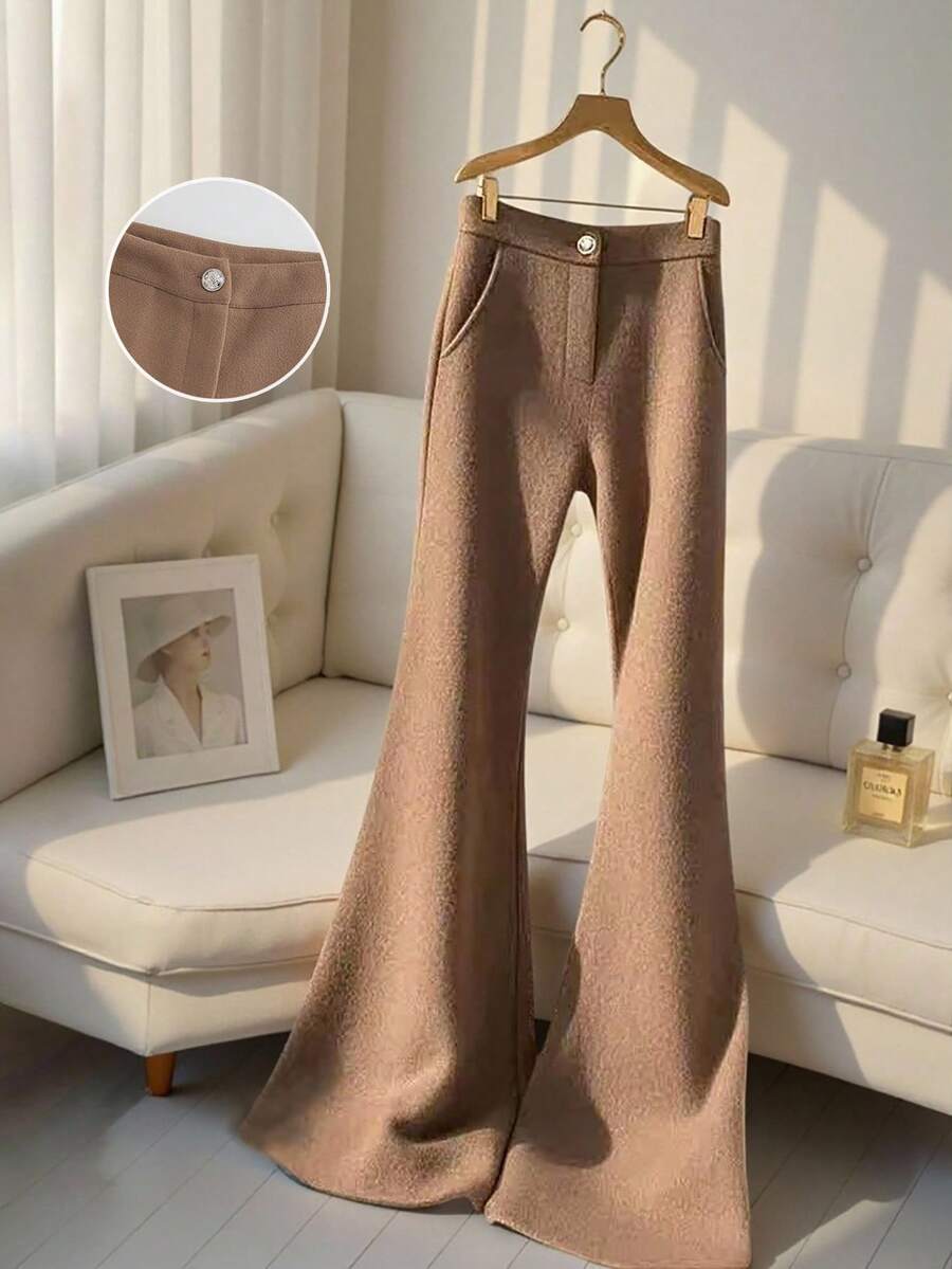 Franclia Women's Elegant Khaki Thick Autumn And Winter Regular Waist Zipper With Pockets Flared Trousers, Commuter Suit Flared Trousers, Winter Cozy Fall Christmas New Year Thanksgiving Party - Khaki - View 1