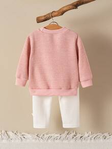 SHEIN Vintaside Kids 2 件套女婴休闲百搭舒适可爱针织面料蝴蝶结装饰圆领宽松套头衫和修身裤子套装，适合室内和室外，性价比高 - 彩色 - 查看 2