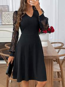 SHEIN LUNE 女士休闲条纹圆领长袖女式冬装 - 黑色 - 查看 6