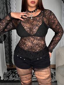 Whyspr Grunge Punk Plus Size Dark Sexy Sheer Mesh Hollow Elastic Long Sleeve Top - Black - View 4