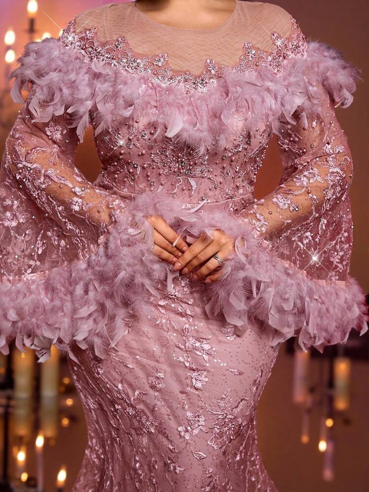 Glamrae Plus Size Elegant Romantic Dark Pink Round Neck Sheer Mesh Inlaid Sequins Diamond Feather Patchwork Floral Embroidery Mermaid Hem Luxury Beaded Formal Dress, Suitable For Wedding, Celebration, Party, And Important Occasions (Ostrich Feather) - Dusty Pink - View 3