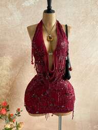 Soleia Set de 2 piezas de camiseta de tirantes con cuello con flecos brillantes y lentejuelas y minifalda, adecuado para festivales de música, fiestas, rojo chino, galas anuales, Navidad, Halloween