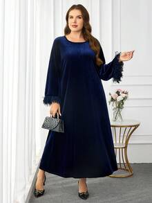 Modelyn Plus Size Women's Solid Color Round Neck Long Sleeve Furry Patchwork Loose Elegant Dress - Royal Blue - View 6