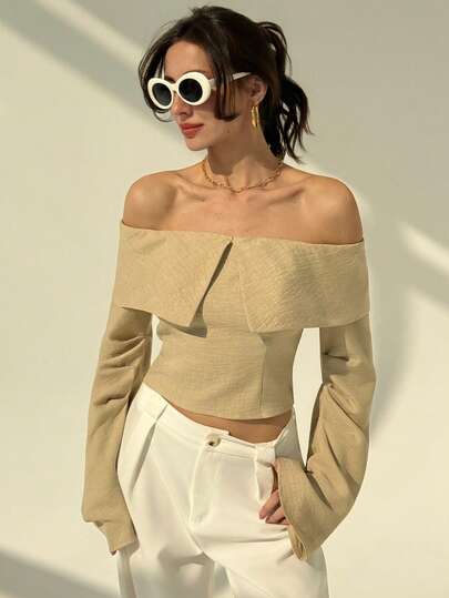 Aloruh Women's Solid Color Long Sleeve Casual Off Shoulder Front Overlay Blouse Fall Clothes Fall Clothes For Women All Outfits Women  Fall Outfits For Women Fall Outfits Autumn Clothes Women's Fall Clothes Business Casual Woman  Business Casual Outfits Women Business Casual  Business Casual Women  Off The Shoulder Blouser Apricot One-Shoulder Tube Top Long-Sleeved Shirt For Commuting To The Office With Simple Temperament