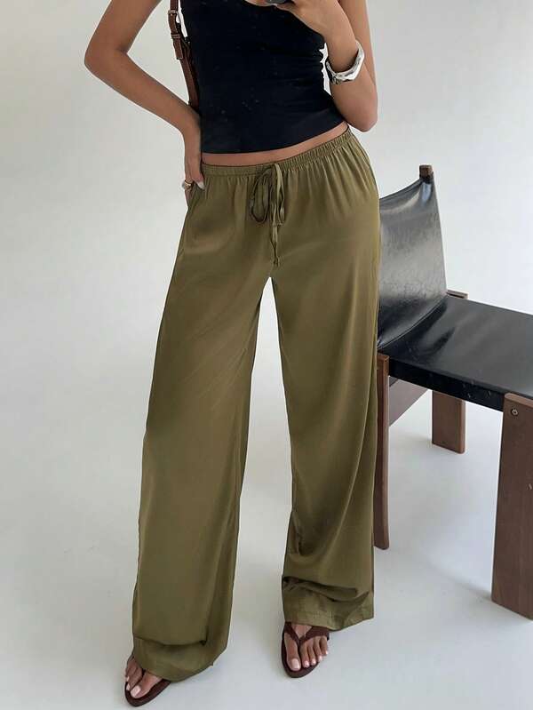Aloruh Women's Solid Color Waist Tie Straight Loose Casual Pants Fall Clothes Fall Clothes For Women All Outfits Women  Fall Outfits For Women Fall Outfits Autumn Clothes Women's Fall Clothes Autumn Party Low-Rise Avocado-Colored Satin Trousers, Comfortable And Versatile For Home Wear