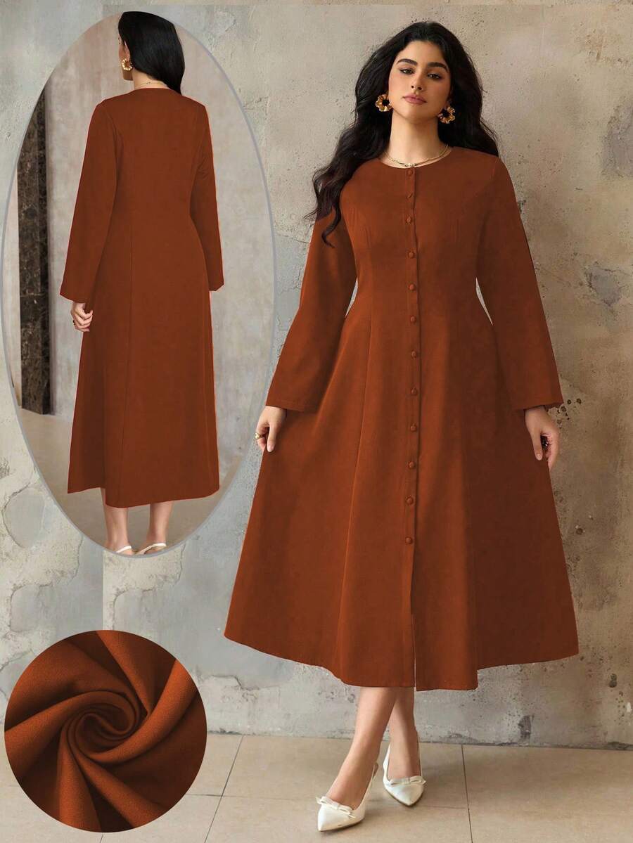 Roveilla Plus Size Women Vintage Elegant Autumn Brown Long Sleeve Dress,Minimalist Conservative Casual Solid Rust Brown Tea Party Elegant Dress For Women - Orange - View 1