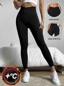 SHEIN Teen Girls High Waist Criss-Cross Waist Design Thermal Lined Thick Knit Leggings, Autumn/Winter