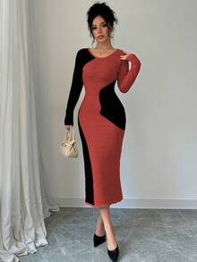 Elenzga 女士优雅撞色修身毛衣裙，秋冬 - 紅色 - 查看 5