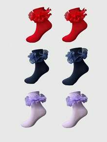 ROMWE Kawaii 3 đôi tất dài đến bắp chân thiết kế ren cho nữ, màu đỏ, đen và trắng - Nhiều màu - Xem 4