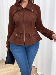 SHEIN Clasi Kurtka damska Plus Size, modna, swobodna, w jednolitym kolorze, zamszowa, z suwakiem i baskinką, jesienna