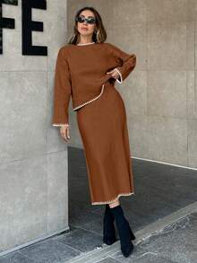 EURMUSE Women Solid Color Rib Knit Handmade Stitch Detailed Sweater & Sweater Skirt Set - Brown - View 6