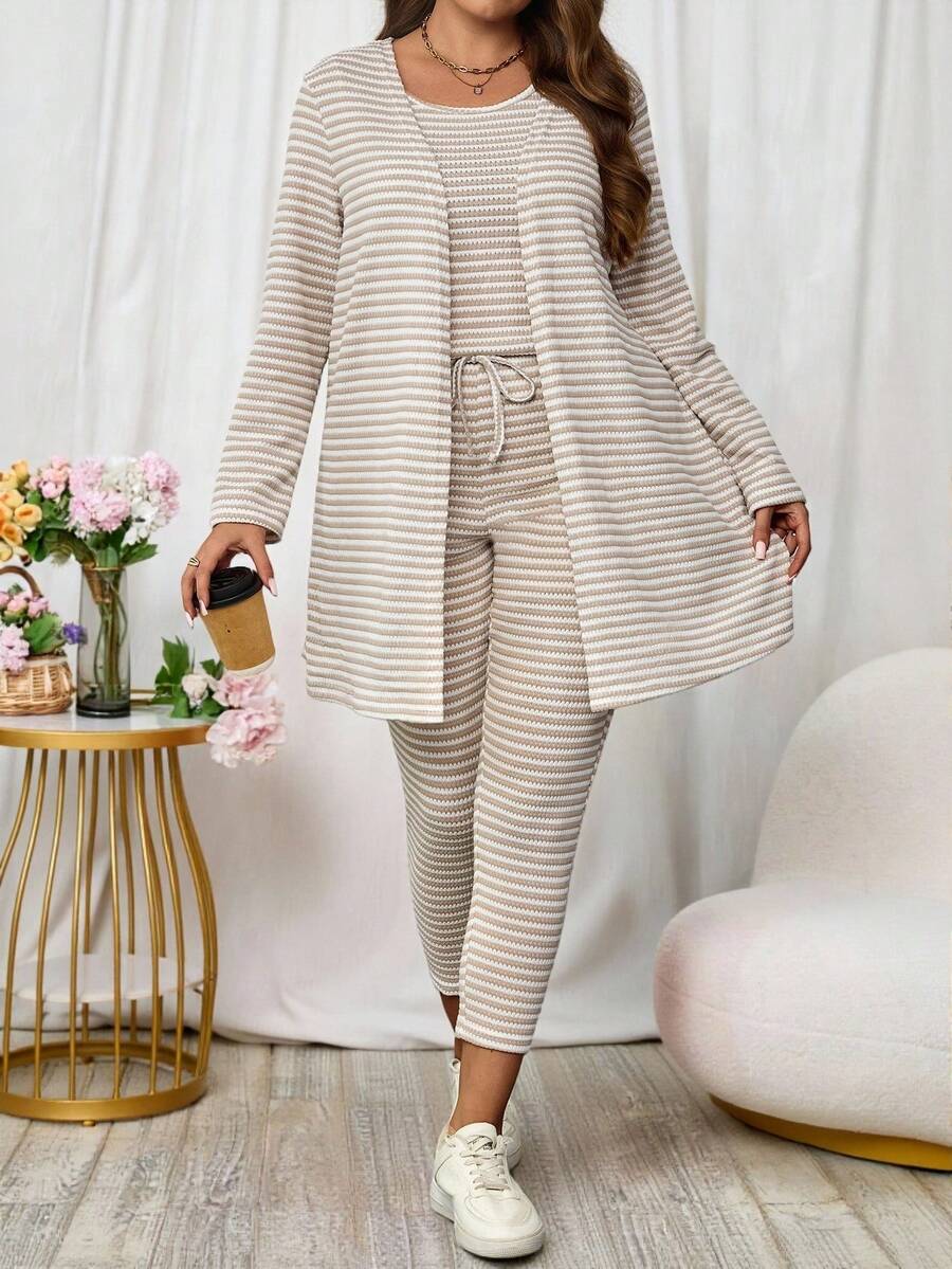EMERY ROSE Conjunto de 3 piezas talla grande: Chaqueta de manga larga de punto acanalado de unicolor, chaleco de cuello redondo y pantalones casuales con lazo delantero, conjunto de otoño para mujer - Albaricoque - Ver 1