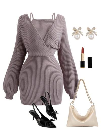 Velvienne 秋冬大码纯色罗纹针织二合一针织连衣裙