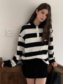 Dazy Kids 少女条纹纽扣运动衫 - 黑與白 - 查看 3