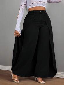 Slaydiva 冬季加大码女式牛仔风 - 蓝色无弹力牛仔拼接阔腿裤 - 黑色 - 查看 7