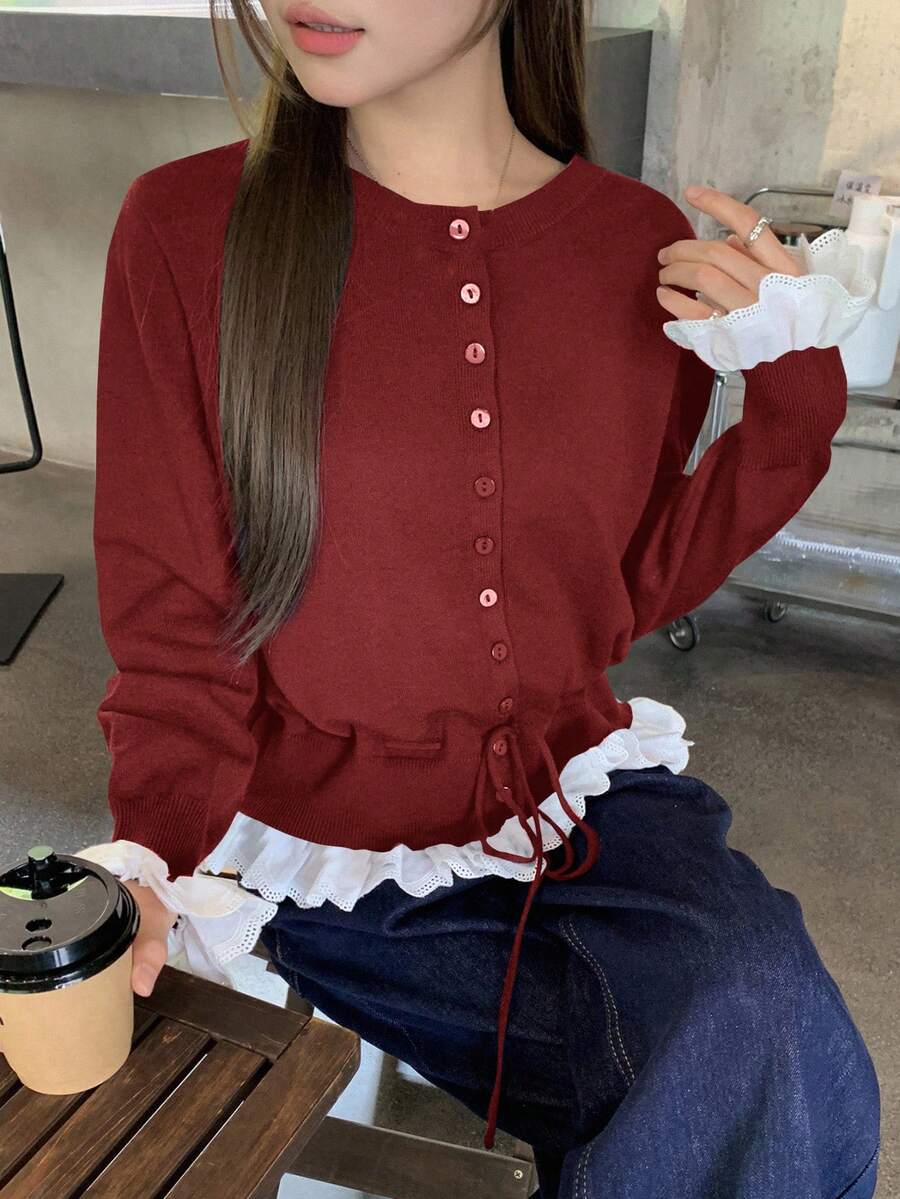 DAZY Patchwork Contrast Color Ruffle Splice Long Sleeve Round Neck Drawstring Tie Casual Sweater For Women, Autumn/Winter - Red - View 1