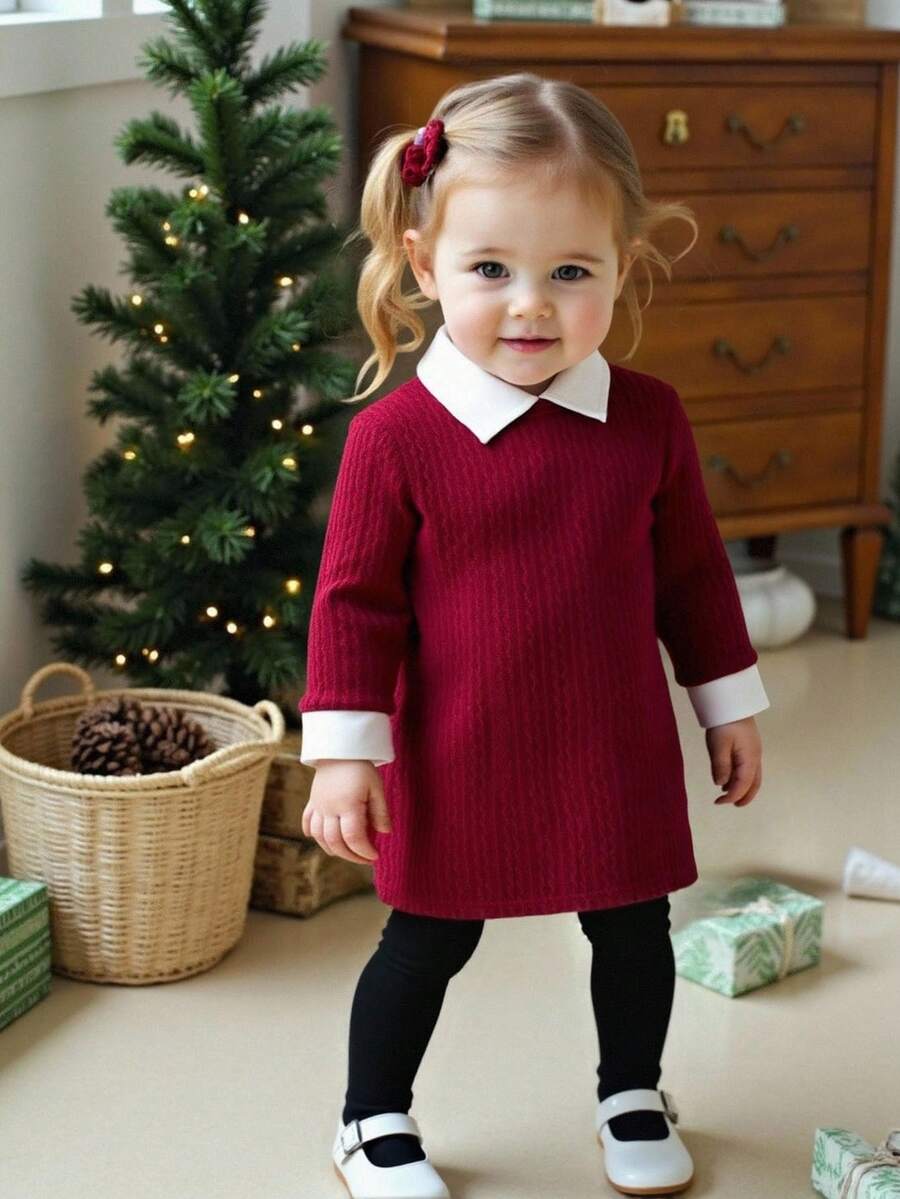 SHEIN Váy dài tay cổ bẻ chất liệu vải họa tiết thường ngày cho bé gái, thích hợp mặc vào mùa xuân, mùa thu, mùa đông, trong nhà, ngoài trời, trở lại trường, mặc hàng ngày - Màu Đỏ Sâu - Xem 1