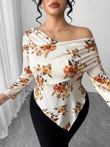 SHEIN Elenzya Women's Fashionable Elegant Off-Shoulder Fitted Asymmetrical Hem T-Shirt