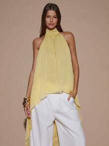 SHEIN BAE 性感简约纯色奶油黄雪纺吊带背心，适合派对、鸡尾酒会、正式场合、伴娘、生日、优雅雪纺上衣、圣诞节、商务休闲等场合。 - 淡黃色 - 查看 3