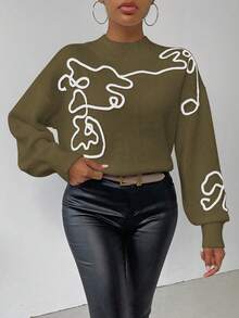 SHEIN LUNE Women's Contrast Color Pattern Turtleneck Long Sleeve Sweater - Dark Green - View 3