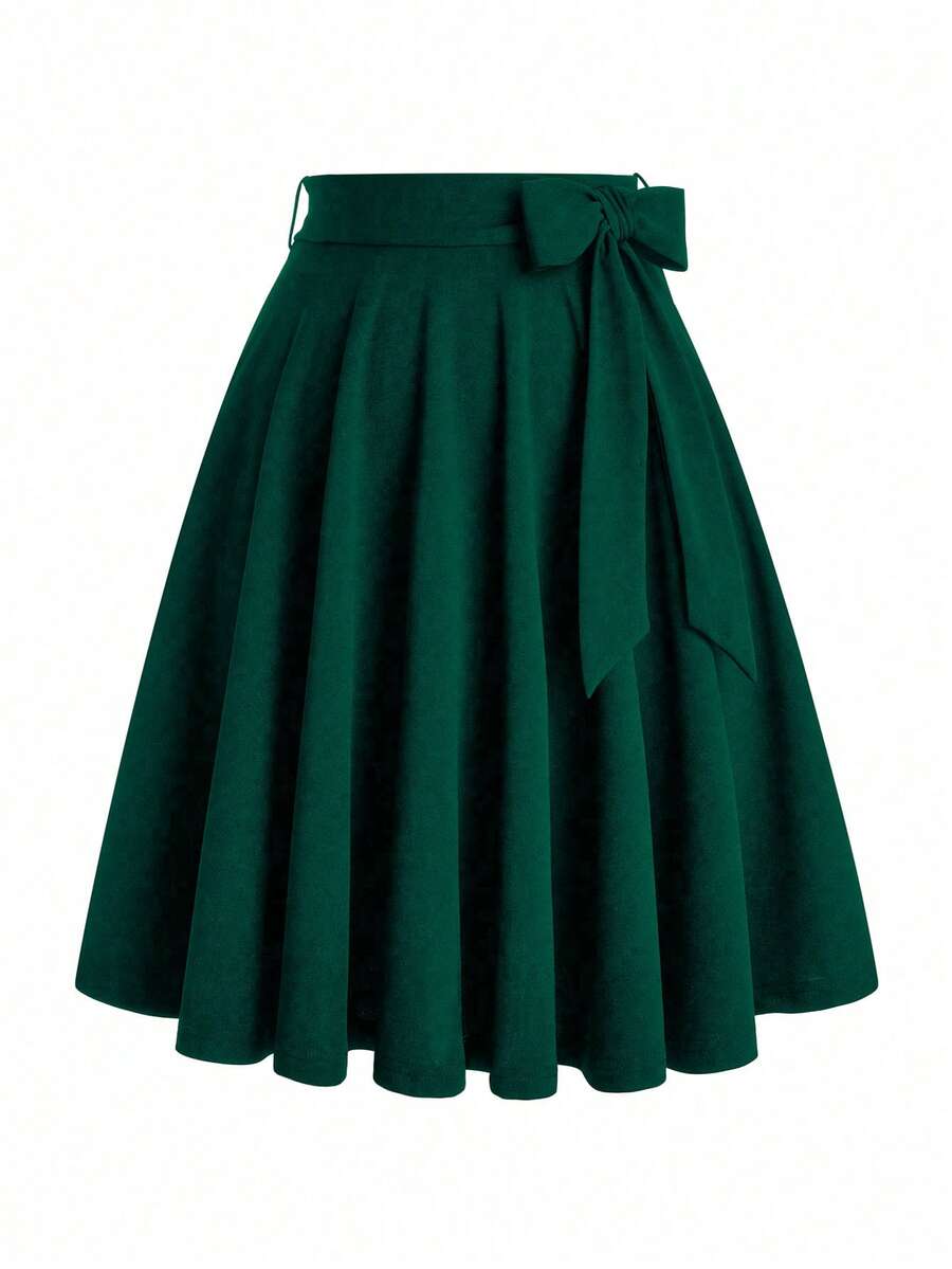 SHEIN Clasi 大码女式休闲纯色蝴蝶结A字裙 - 墨綠色 - 查看 1