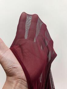 Amplova Váy ngắn hở ngực phối lưới lông màu đỏ rượu vang dành cho nữ, dự tiệc - Màu Đỏ Sâu - Xem 8