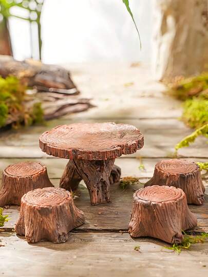 5 PIEZAS Juego de mini tocones de tronco - Colección de taburetes de tocón de madera natural, muebles para té, decoración de sala de juegos con tema forestal, asientos de jardín al aire libre, banco y mesa lateral de estilo rústico de cabaña para juego imaginativo, regalos de cumpleaños