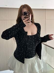 Dazy Plus 2 件大码女式碎花吊带背心和开衫套装，春秋 - 黑色 - 查看 7