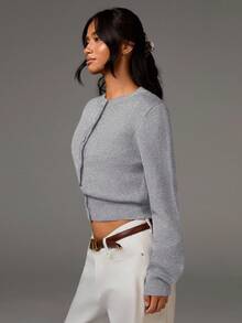 Athîral Women's Gray Autumn Casual Everyday Long Sleeve Button-Up Cropped Cardigan Sweaters,Solid Color Versatile Fall/Winter Knitwear - Light Grey - View 5
