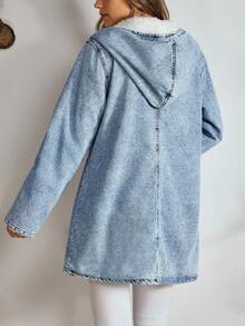 EMERY ROSE 女士秋冬长袖连帽牛仔外套，纽扣闭合，加厚牛仔面料，带保暖内衬 - 藍色 - 查看 5