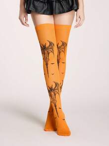 ROMWE Goth 1 par de medias por encima de la rodilla con estilo gótico de murciélago y color naranja - Naranja - Ver 2