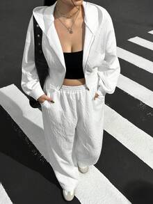 SHEIN EZwear Plus Size 2pcs Set: Casual Sports Letter Embossed Zip-Up Hoodie And Pants, Autumn/Winter