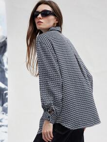 Aveloria Modichic 隐形纽扣全印花长款衬衫，女士休闲纽扣长袖领超大长款多色主教袖衬衫女式衬衫，春秋季，休闲日常穿着纽扣衬衫女式 - 藍色 - 查看 2