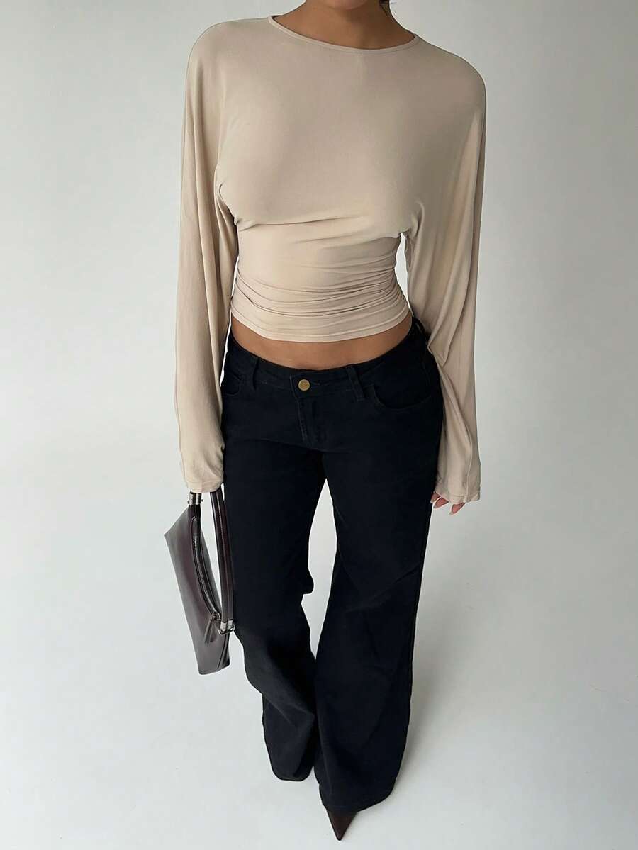 Aloruh Maglietta larga a maniche lunghe con vita stretta, colore unito, adatta per autunno/inverno - Albicocca - Visualizzare 1