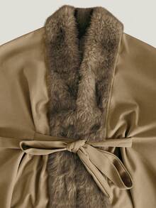 Lyxana Áo choàng Poncho buộc cổ lông giả cao cấp cổ điển dành cho nữ, mùa thu/đông - Màu Khaki - Xem 5