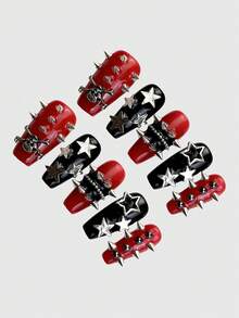 Anime 10pcs Y2K Cute Heart, Star, Bow, Wing Nail Art Stickers With Tape - Black red - View 3