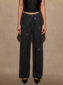 SHEIN BAE 女式优雅水钻装饰口袋牛仔裤 - 黑色 - 查看 3