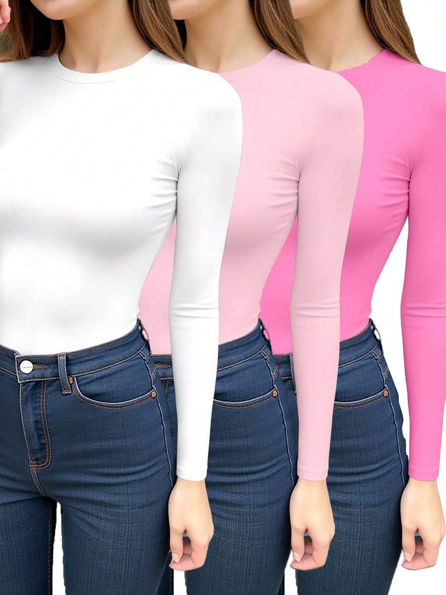 INAWLY 3pcs/Set Kaos Wanita Lengan Panjang Polos Model Kerah Bulat Pas Badan - MultiWarna - View 1