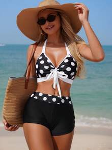 Swim Lushoire 2 件套女士泳衣套装，优雅复古黑白波尔卡圆点印花图案，可调节吊带颈带，适合海滩、泳池、休闲派对、度假 - 黑與白 - 查看 5