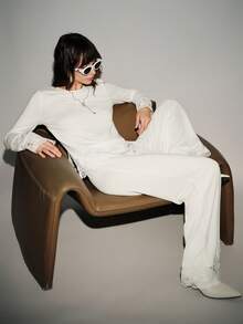 Lumivelle 2 件套，高弹针织刺绣拼布，纯色修身圆领喇叭袖，开衩下摆，下摆和袖口蕾丝花边，腰部收紧阔腿直筒裤，休闲时尚舒适优雅日常穿着，春/秋/冬 - 軍綠色 - 查看 7