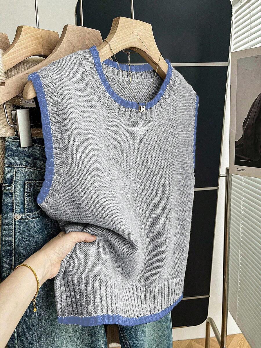 Franclia 女式休闲宽松圆领无袖针织撞色饰边卡其色毛衣上衣，春秋季 - 彩色 - 查看 1