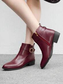CUCCOO BIZCHIC 新款圆头防滑厚底平底女式复古踝靴，酒红色欧美风中筒靴，女式 - 酒紅色 - 查看 6