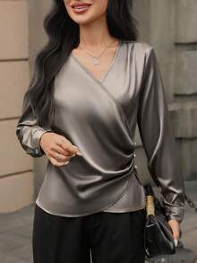 SHEIN Clasi 女式 V 领褶皱纯色长款休闲优雅衬衫，适合工作、约会、居家、派对、日常穿着、秋季 - 灰色 - 查看 4
