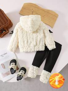 女婴连帽卫衣+加厚保暖裤套装，秋冬季，米色珊瑚绒连帽衫配黑色蝴蝶结丝带，保暖打底裤，适合多种场合