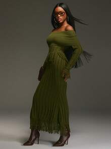 NYA SZN Đầm dệt kim tua rua, cá tính, gợi cảm, sang trọng, kín đáo, nổi bật, thích hợp cho bữa trưa, dịp đặc biệt, phong cách cô nàng sành điệu, vẻ ngoài Y2K cổ điển, mùa thu đông, phù hợp cho công sở, trang phục dành cho nữ. - màu xanh lá - Xem 3